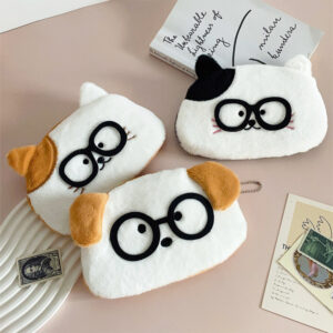 Cute Animal Glasses Pencil Case – Kitten & Puppy, Large Capacity